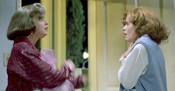 Elizabeth Shue plays both old and young Jennifer in a split screen shot from Back to the Future Part II (1989).