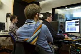 Engineers Kurt Teale (left) and Billy Craythorne in the control room. Photo: Owain Uylet