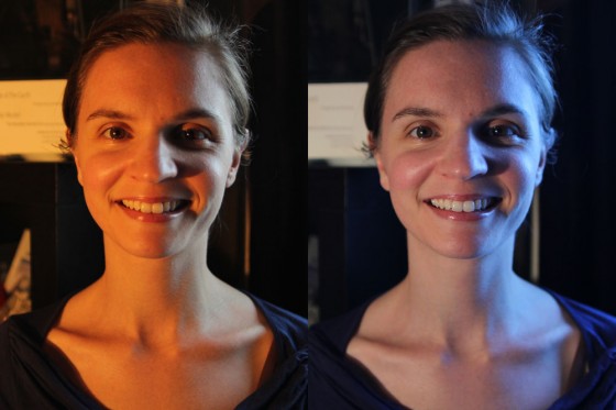 Left: daylight white balance preset (5,600K). Right: tungsten white balance preset (3,200K)