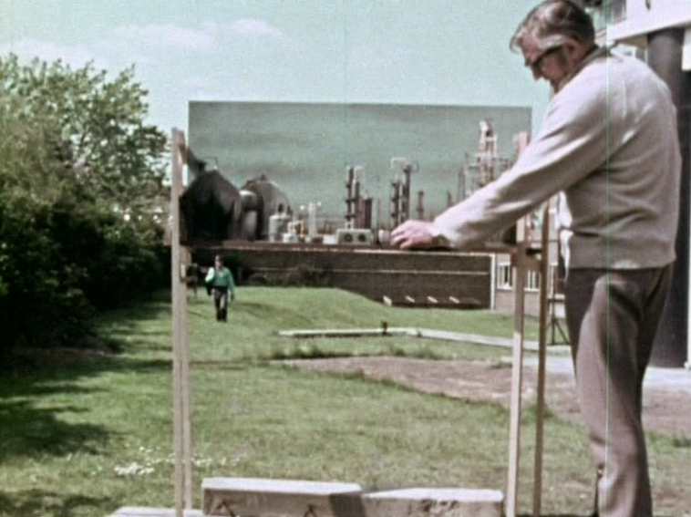 Setting up a foreground miniature for a later Who story, Inferno (1970)