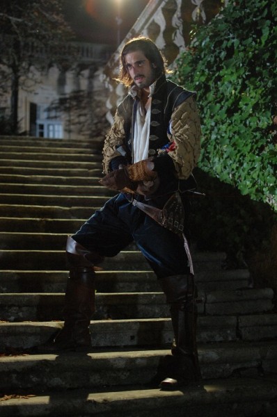 Toby Lorde (the Duke de Luyne) on the steps, backlight by a half-CTB-gelled 800 and keyed by the 2.5K HMI, way off left