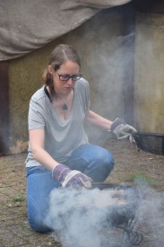 Production assistant Claire Finn tends the brazier which provides smoke in the absence of the Artem smoke gun we used during principal photography. Photo: Michael Hudson